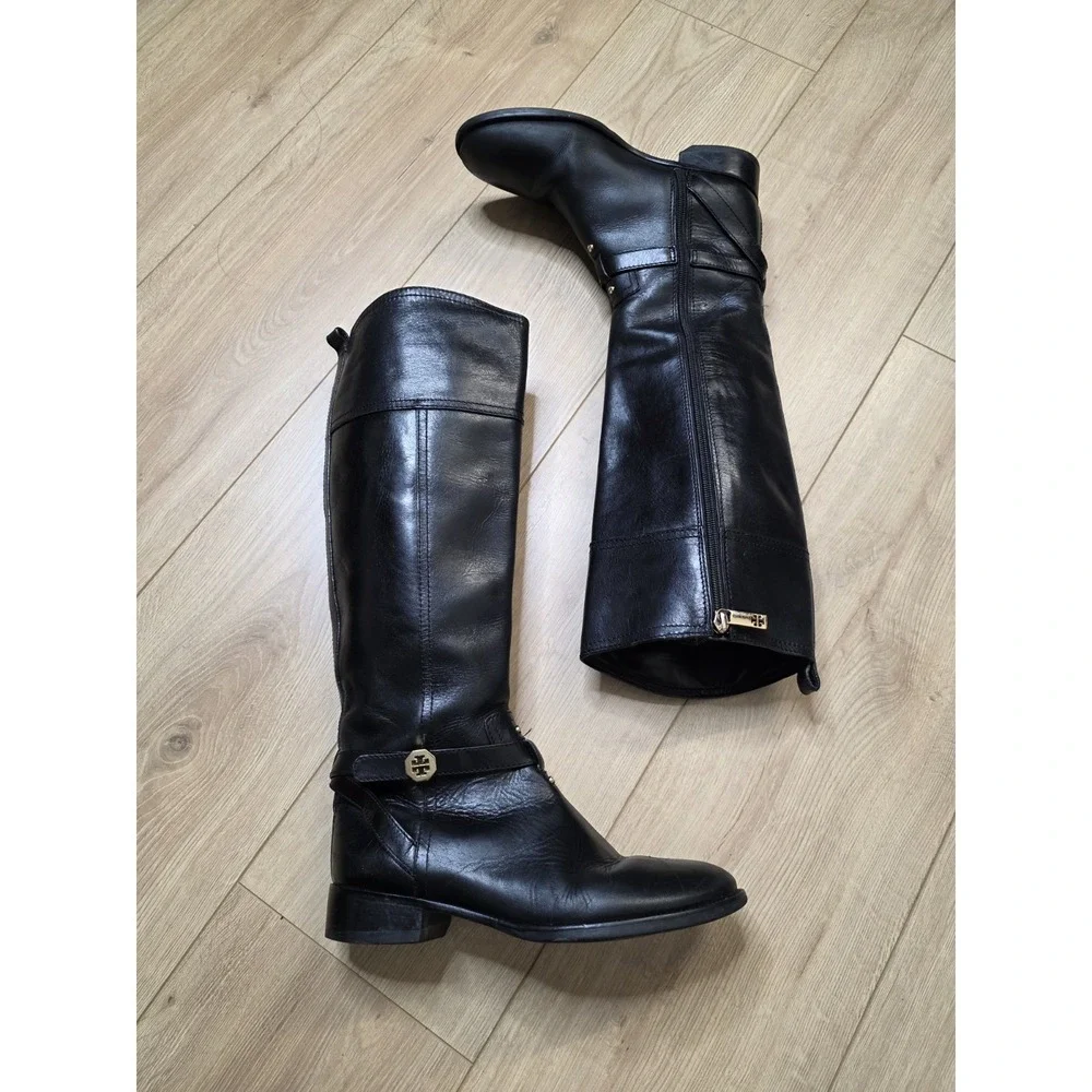 Tory Burch Brita Black Leather Tall Riding Boots Women's Size 7M Gold Hardware